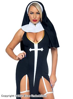 Nunna, maskeradklänning med kors, djup urringning, inbyggda strumpebandshängslen och hög slits